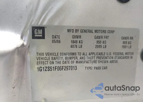 2006 Chevrolet Malibu Ls z USA, uszkodzony, nr VIN 1G1ZS51F06F297013